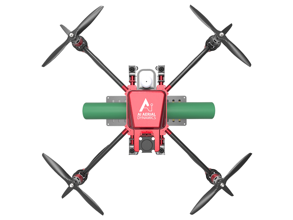 Red coloured UAV drone named GARUD. A fully integrated UAV Aerial solution. An AI Intelligent robot.