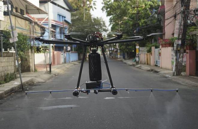 Red coloured UAV drone named GARUD. A fully integrated UAV Aerial solution. An AI Intelligent robot