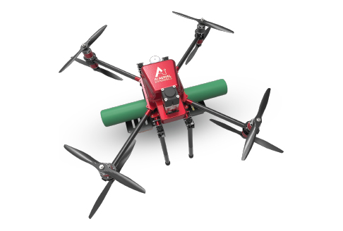 Red quadcopter a 4 rotors AI drone .Base edition of UAV Aerial drone  GARUD with a payload of 2 kg . 