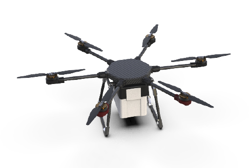 Black coloured  a 8 rotors AI drone.Standard edition of UAV Aerial drone GARUD_20 with a payload of 20 kg . 